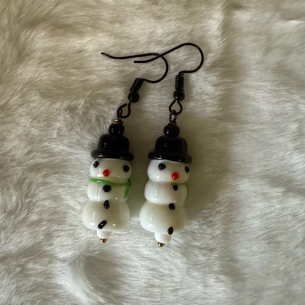 Snowman Earrings with Black Hat and Green Scarf Glass Lampwork Bead Nickel Free